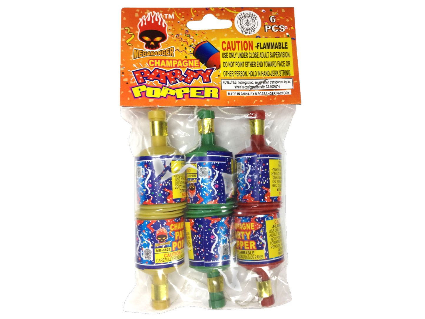 CHAMPAGNE PARTY POPPERS 6 PACK HEADERED