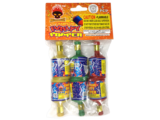 CHAMPAGNE PARTY POPPERS 6 PACK HEADERED